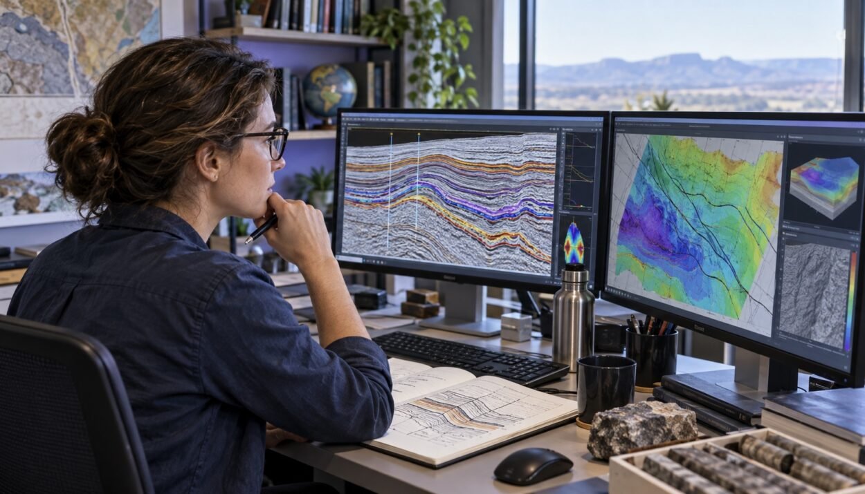 Illustration of a geoscientist examining seismic cross-sections and subsurface maps.