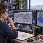 Illustration of a geoscientist examining seismic cross-sections and subsurface maps.