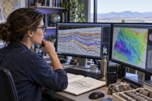 Illustration of a geoscientist examining seismic cross-sections and subsurface maps.