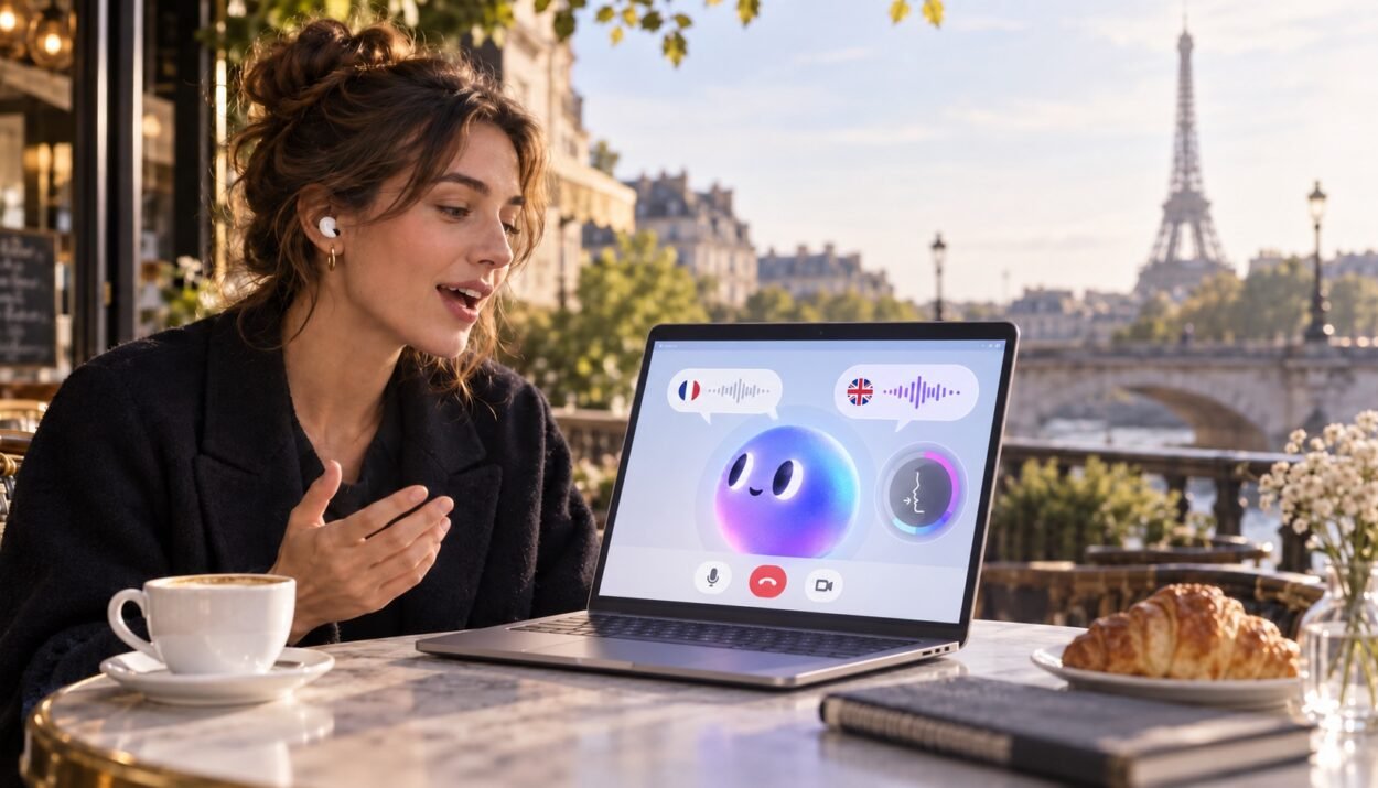 Une utilisatrice apprend l’anglais avec son agent OpenAI Dot affiché sur un ordinateur portable