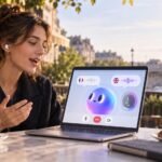 Une utilisatrice apprend l’anglais avec son agent OpenAI Dot affiché sur un ordinateur portable
