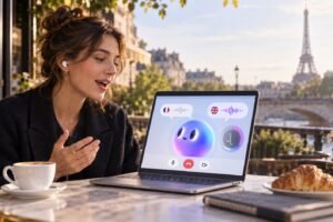 Une utilisatrice apprend l’anglais avec son agent OpenAI Dot affiché sur un ordinateur portable