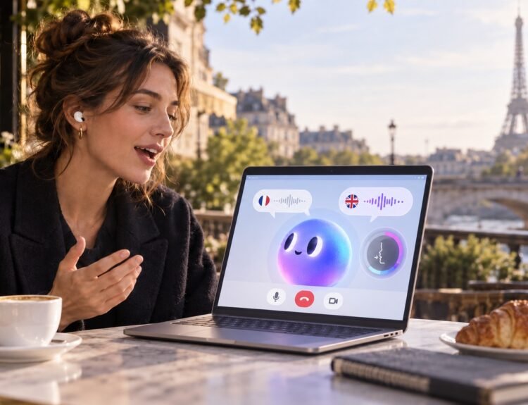 Une utilisatrice apprend l’anglais avec son agent OpenAI Dot affiché sur un ordinateur portable